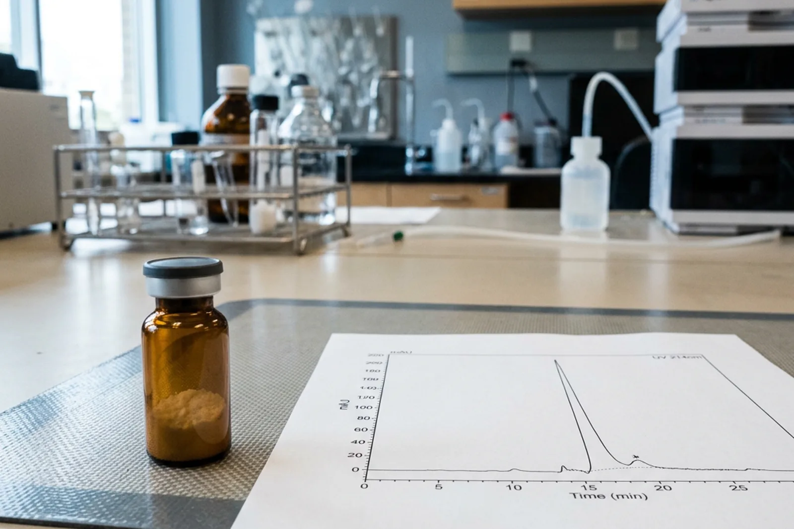 Amber GHRP-6 peptide research vial beside an HPLC purity chromatogram on a laboratory bench