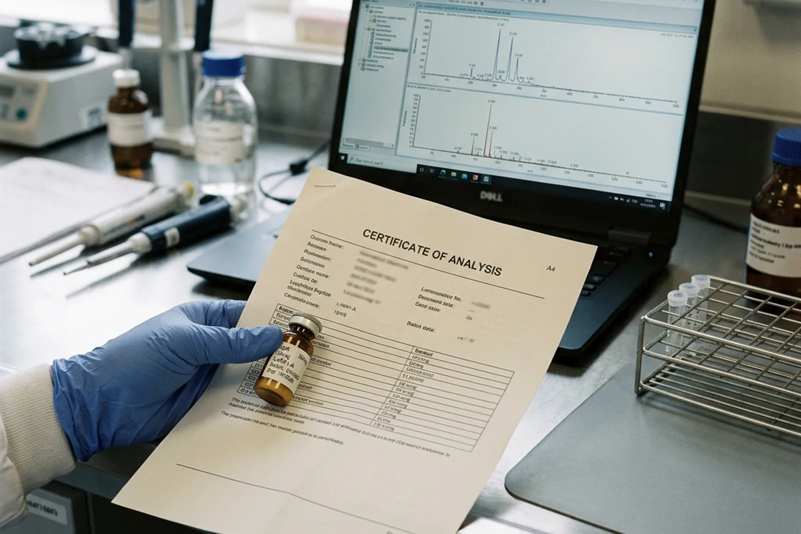 Gloved hand holding a peptide certificate of analysis beside an amber GHRP-6 vial with a mass-spectrometry readout on a lab laptop